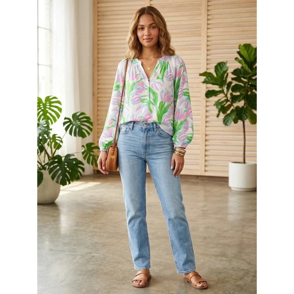 Lilly Pulitzer Silk Blouse Womens Large Tulip Time Floral Pink Green Button Top - Picture 12 of 12